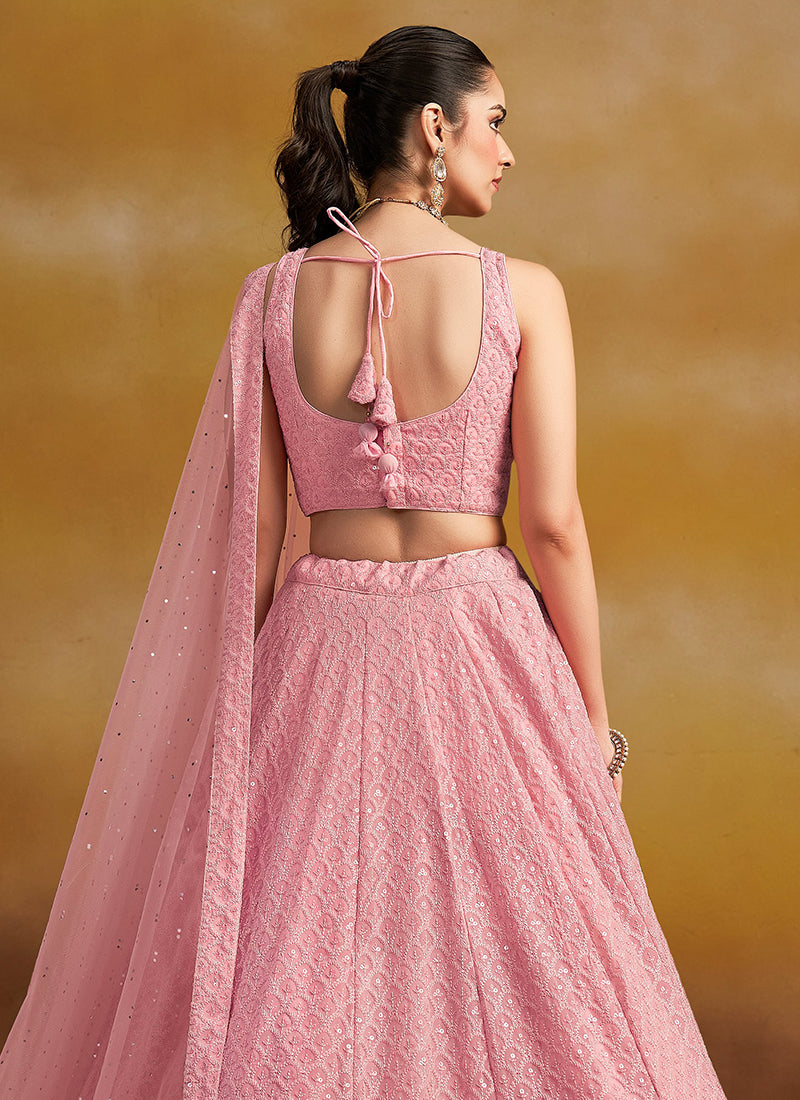 Georgette Light Pink Wedding Wear Thread Embroidery Work Lehenga Choli 385595