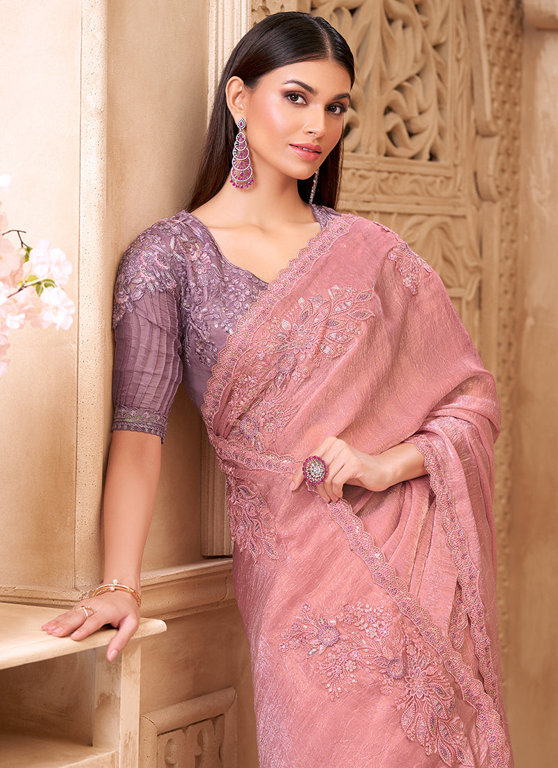 Georgette Light Pink Party Wear Embroidery Work Saree 385714