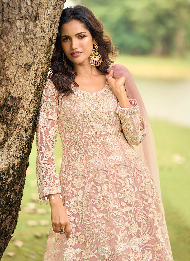 Light Pink Net Embroidery Work Eid Wear Readymade Plazzo Suit SW611166
