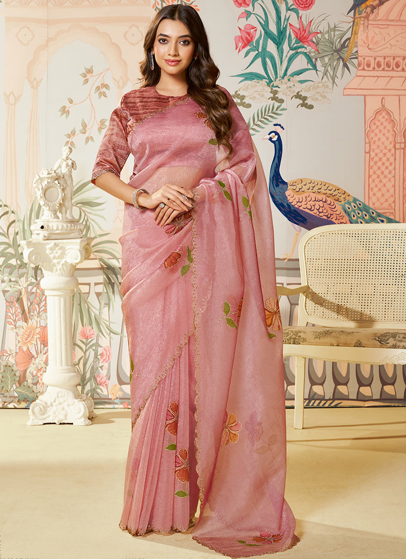 Silk Light Pink Saree with Embroidery Work for Festival Wear 385031