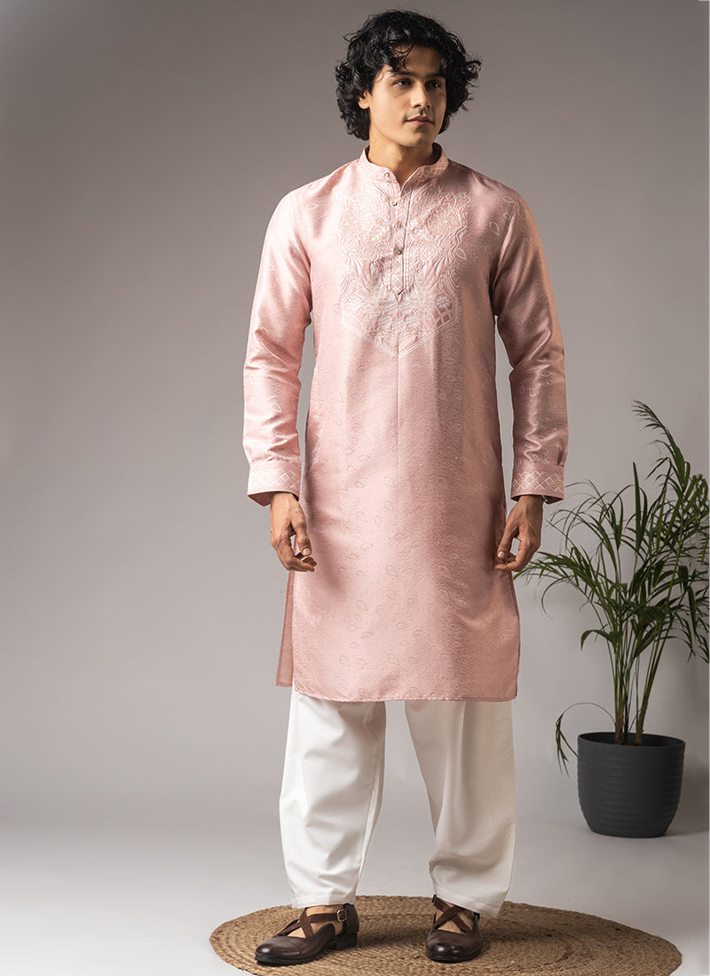 Light Pink Viscose Embroidery Work Festival Wear Readymade Kurta Pajama SW914850