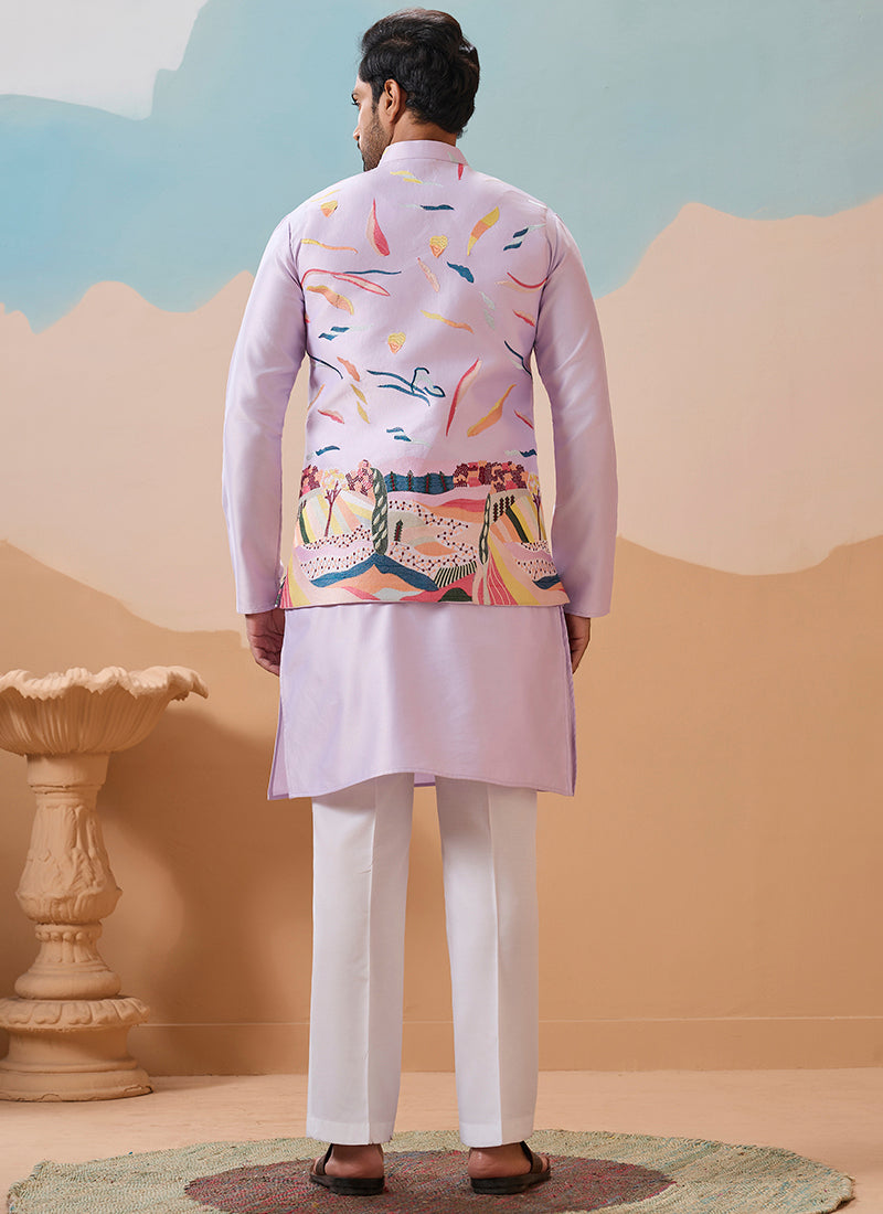 Silk Light Purple Festival Wear Embroidery Work Readymade Modi Jacket Kurta Pajama 386375