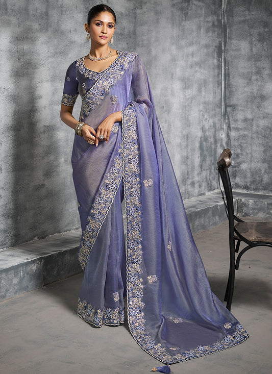 Silk Light Purple Saree with Embroidery Work for Wedding Wear 385013