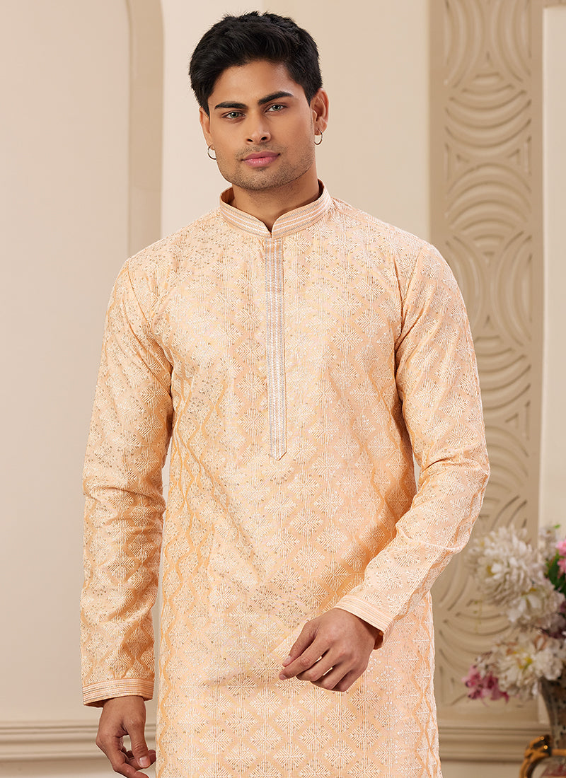 Trendy Light Orange Art Silk Festive Kurta Pajama with Shimmering Sequins