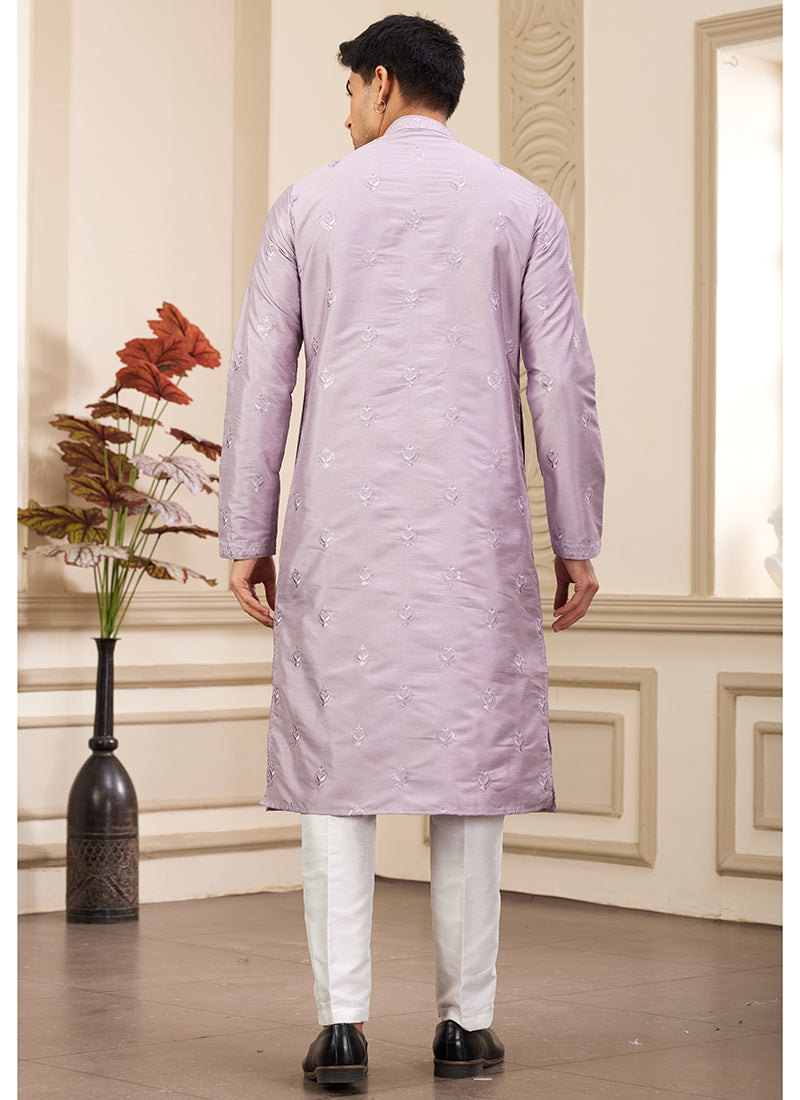 Trendy Light Purple Art Silk Festive Kurta Pajama with Shimmering Sequins