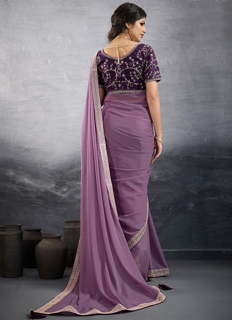 Georgette Lilac Party Wear Embroidery Work Saree 385554
