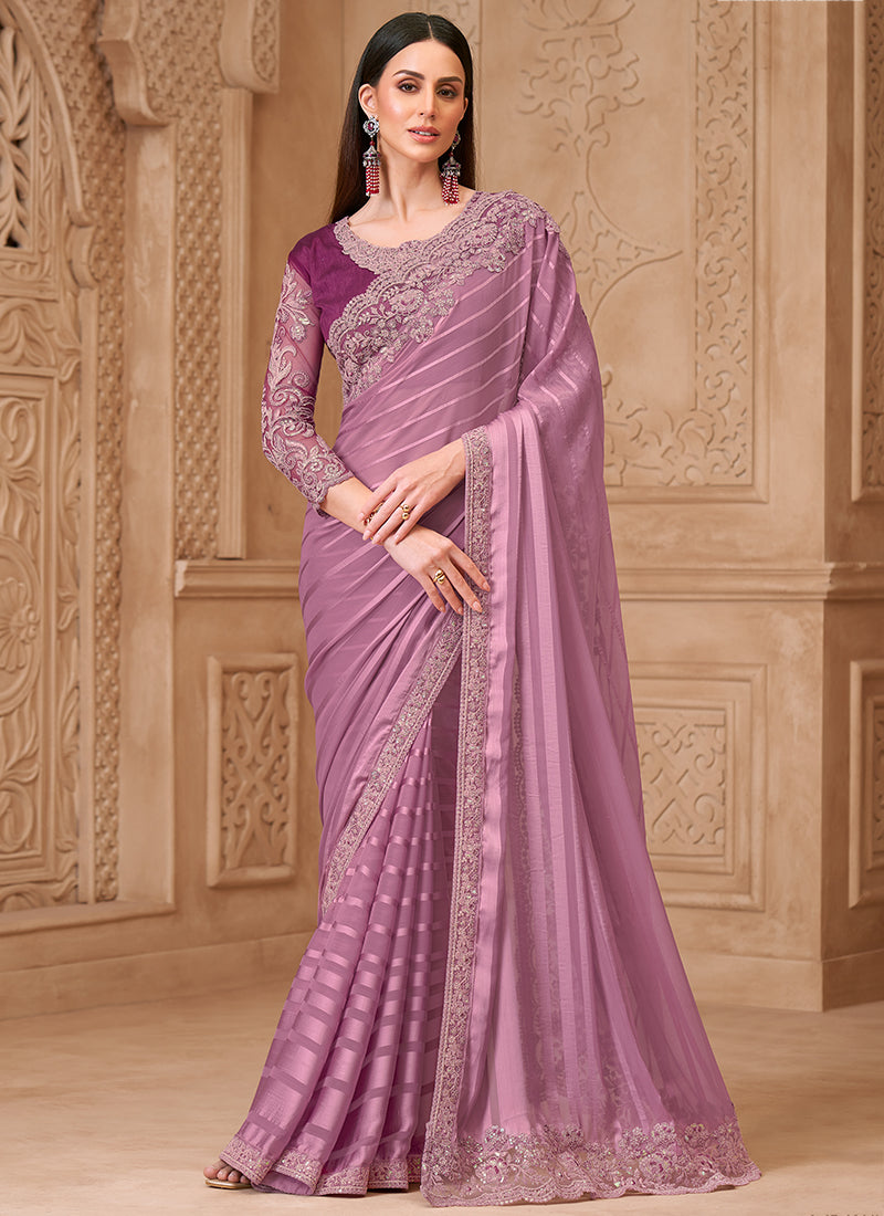 Georgette Lilac Party Wear Embroidery Work Saree 385717