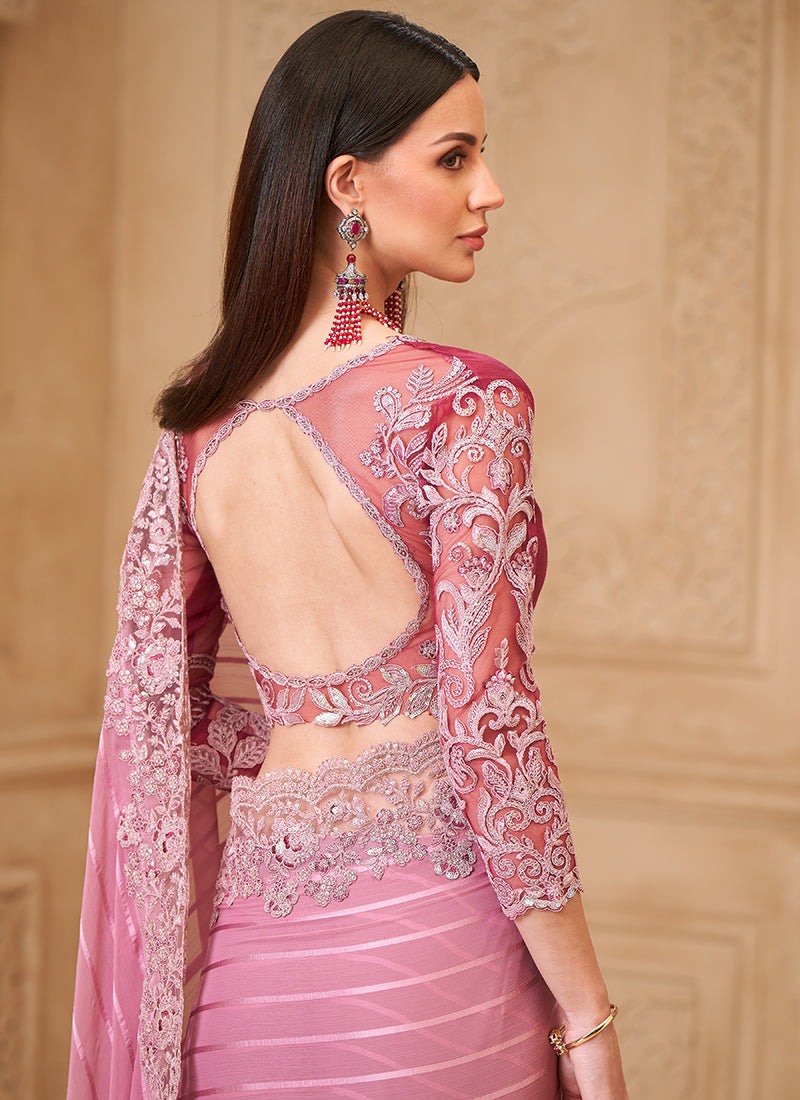 Georgette Lilac Party Wear Embroidery Work Saree 385717