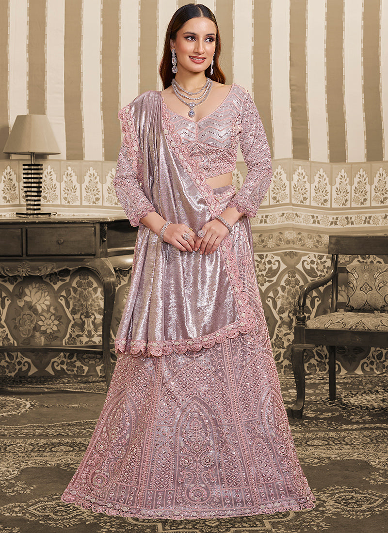 Lilac Satin Embroidery Work Wedding Wear Ready To Wear Indowestern Saree SW497413