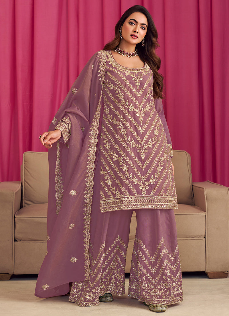 Shimmer Silk Lilac Wedding Wear Embroidery Work Readymade Plazzo Suit 385331