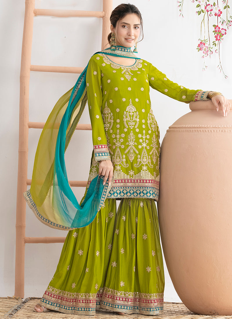 Chinnon Lime Green Wedding Wear Embroidery Work Readymade Sharara Suit 384917