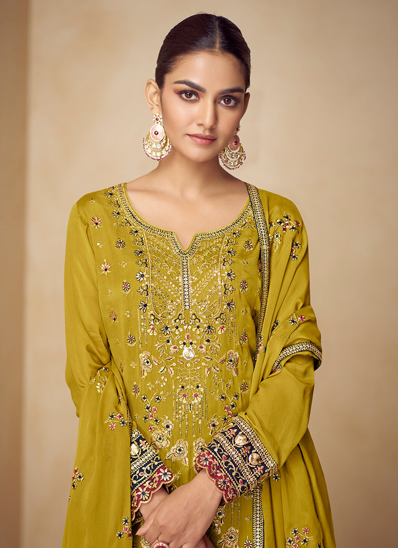 Chinnon Lime Green Wedding Wear Hand Work Readymade Palazzo Suit 384961