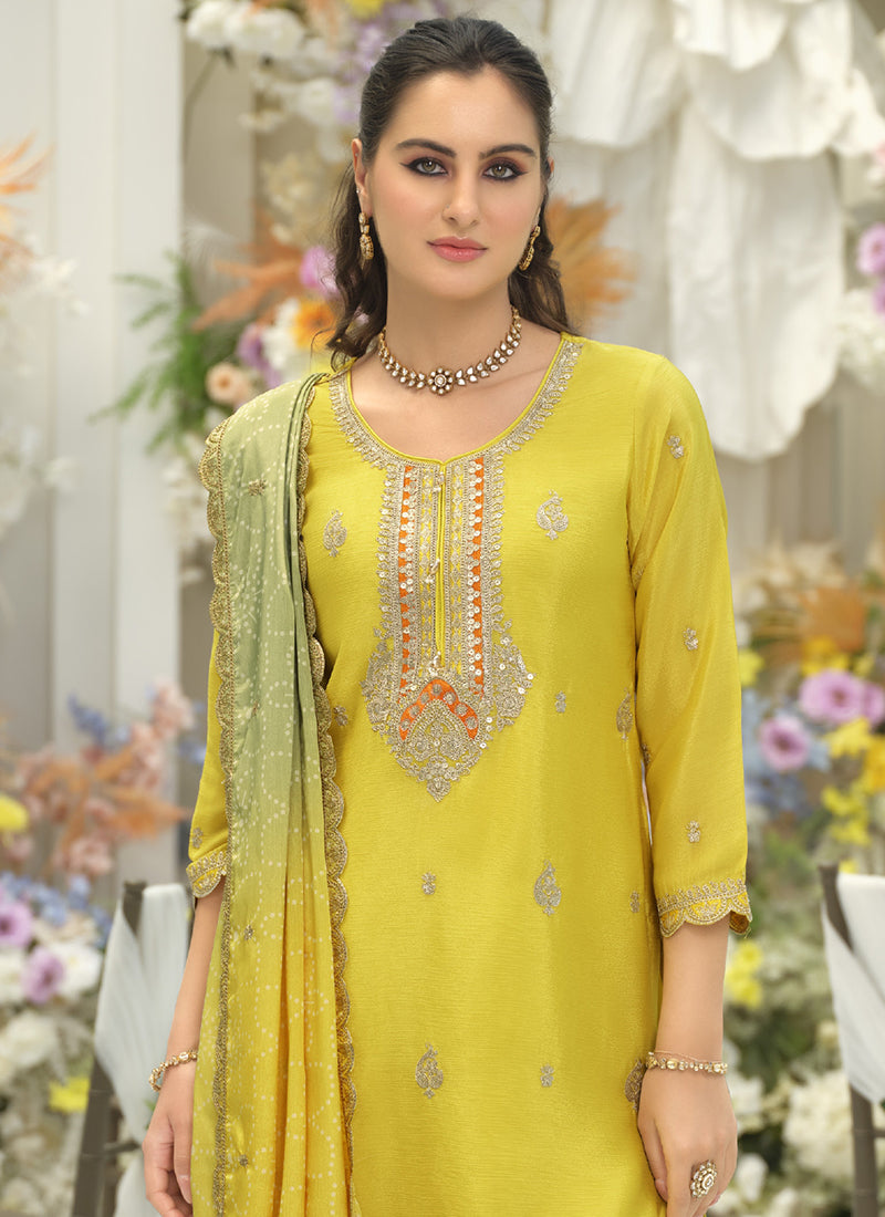 Lime Green Chinon Embroidery Work Eid Wear Readymade Plazzo Suit SW403638