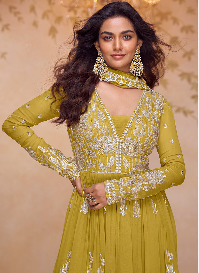 Lime Yellow Chinon Embroidery Work Wedding Wear Readymade Sharara Suit SW264764