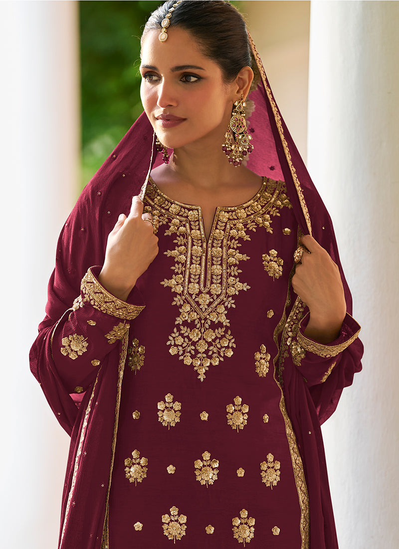 Maroon Chinon Sequins Work Wedding Wear Readymade Plazzo Suit SW178833