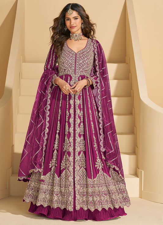 Chinnon Silk Magenta Wedding Wear Embroidery Work Readymade Anarkali Suit 384438