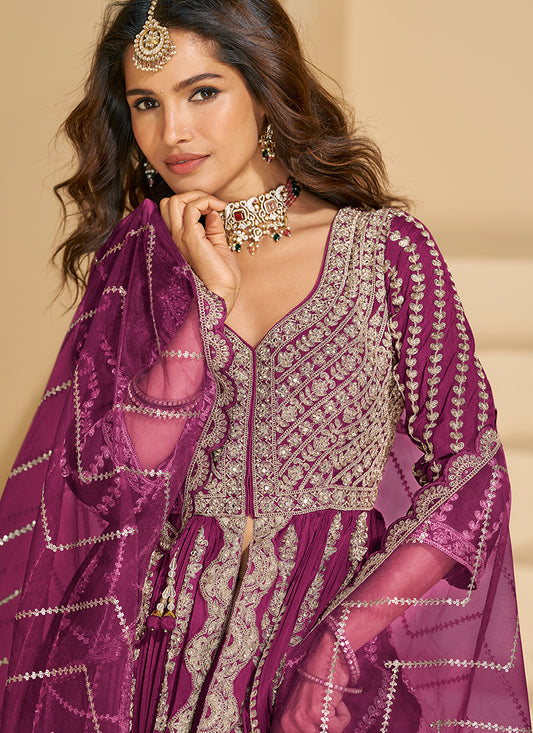 Chinnon Silk Magenta Wedding Wear Embroidery Work Readymade Anarkali Suit 384438