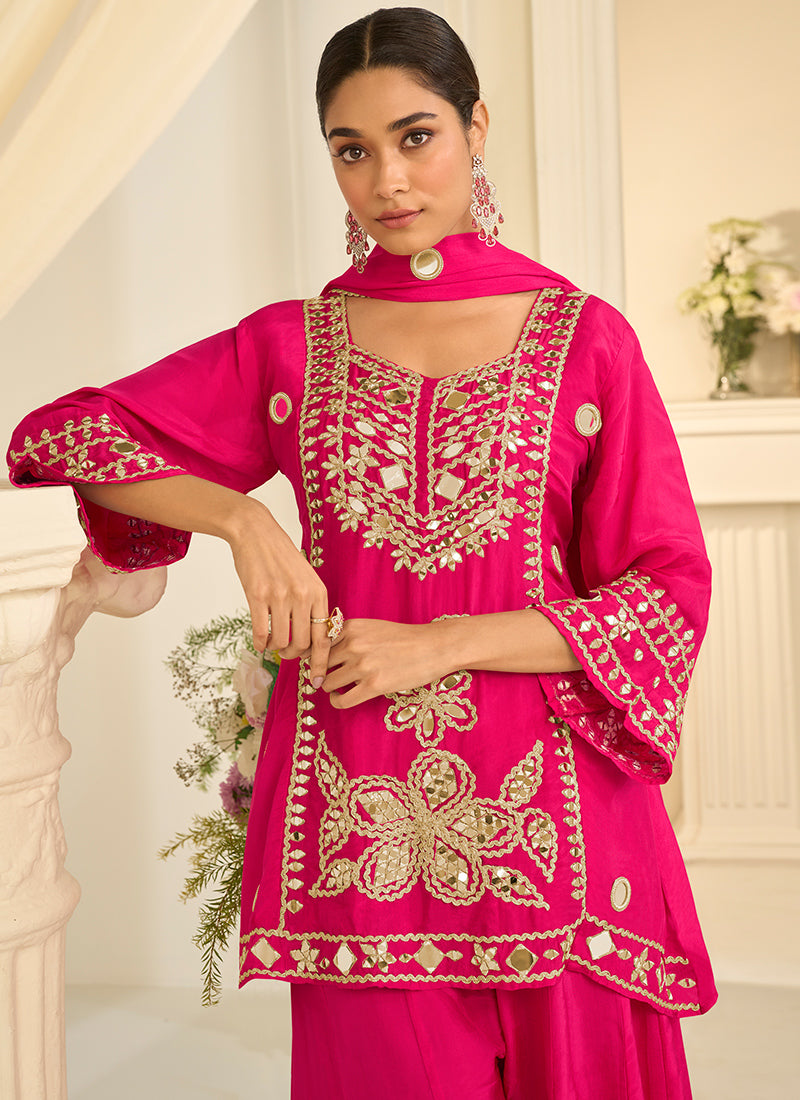 Magenta Chinon Silk Embroidery Work Festival Wear Readymade Sharara Suit SW397235