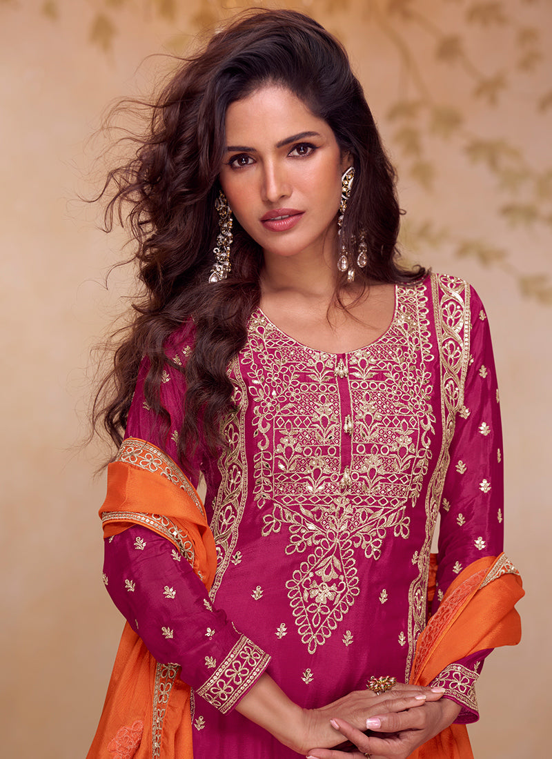 Magenta Chinon Embroidery Work Wedding Wear Readymade Plazzo Suit SW301018