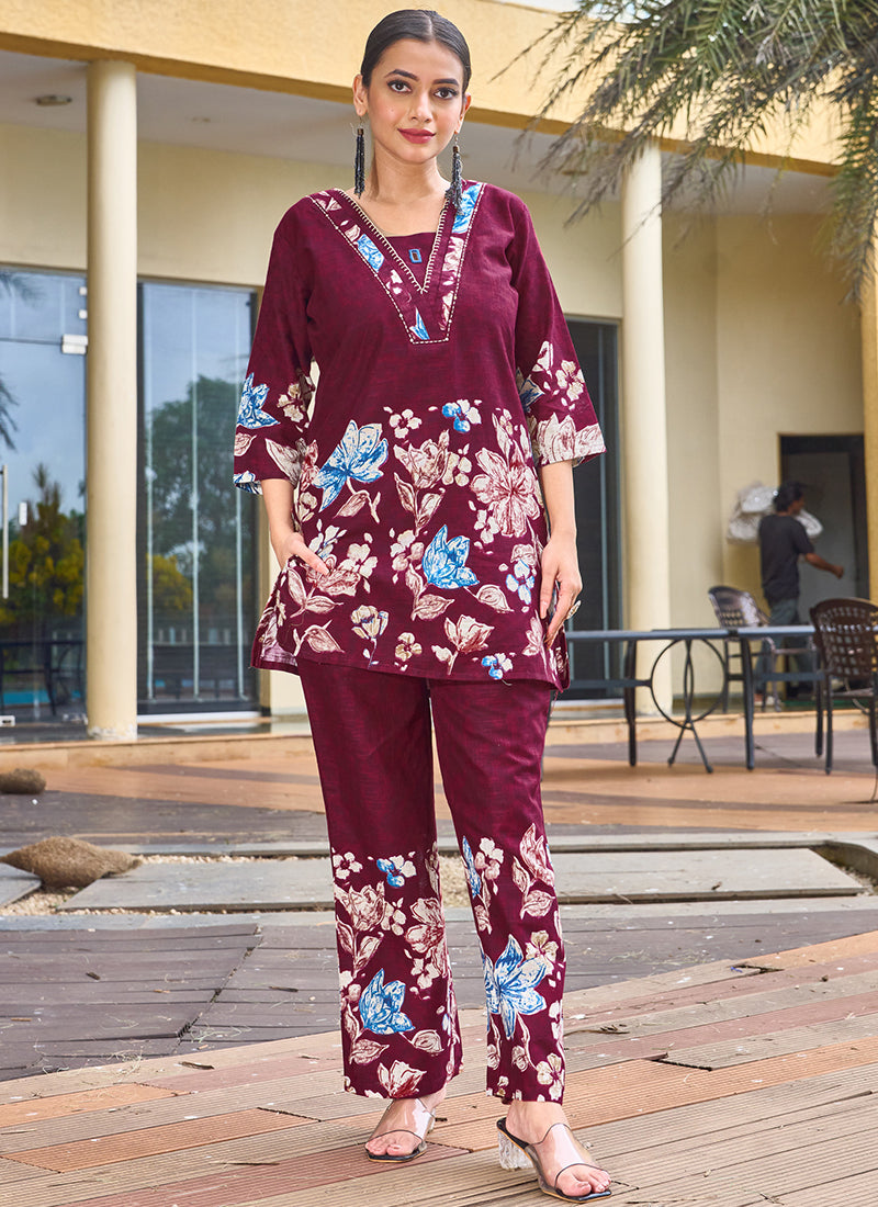 Cotton Magenta Casual Wear Hand Work Readymade Cord Set 384916