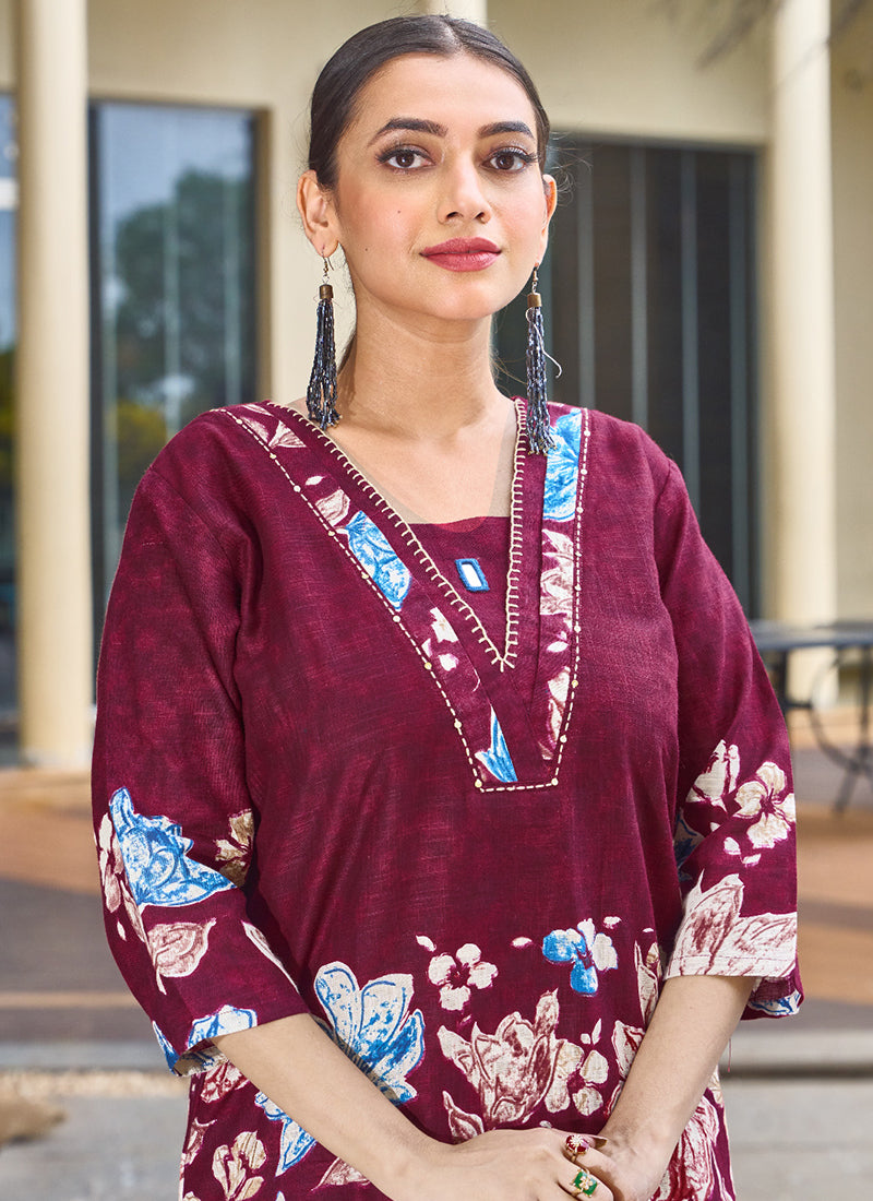 Cotton Magenta Casual Wear Hand Work Readymade Cord Set 384916