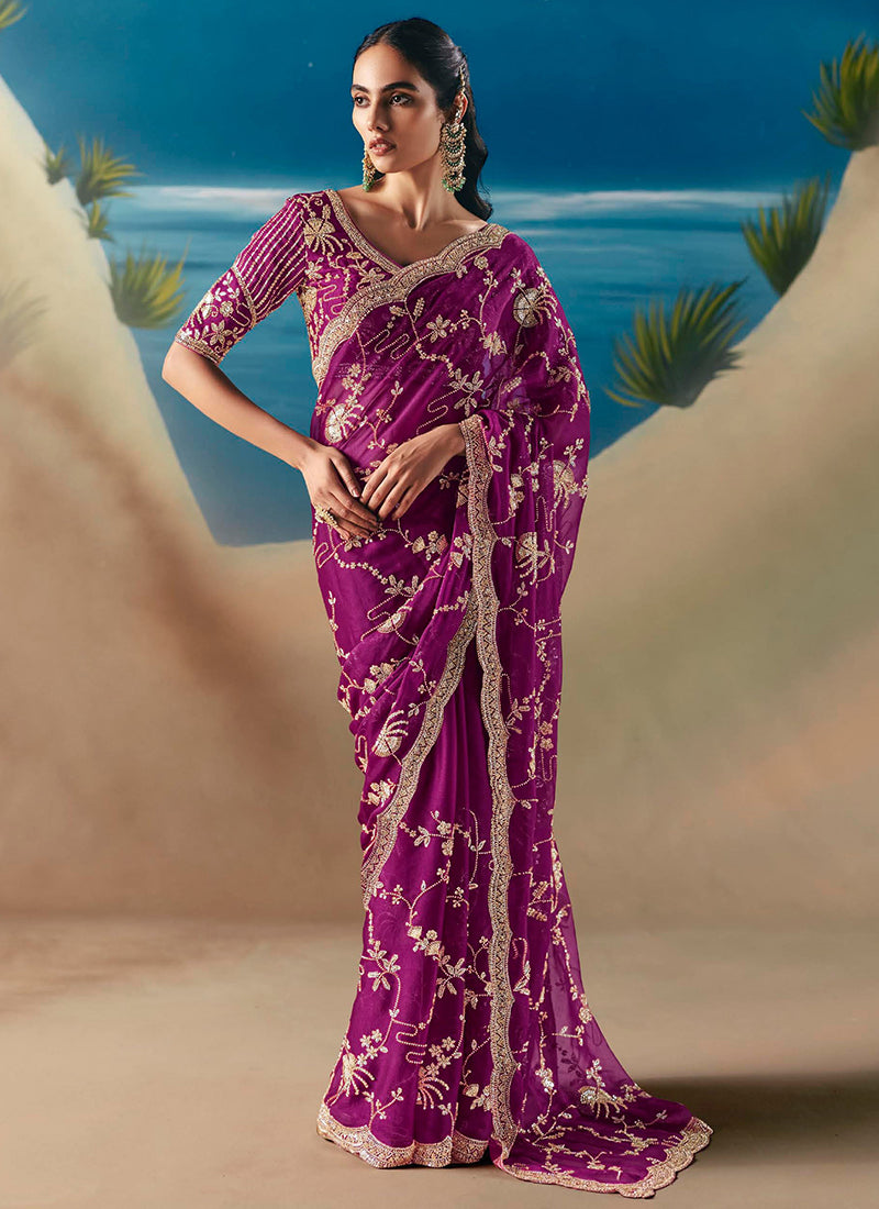 Fancy Magenta Saree with Sequins Work for Wedding Wear 385412