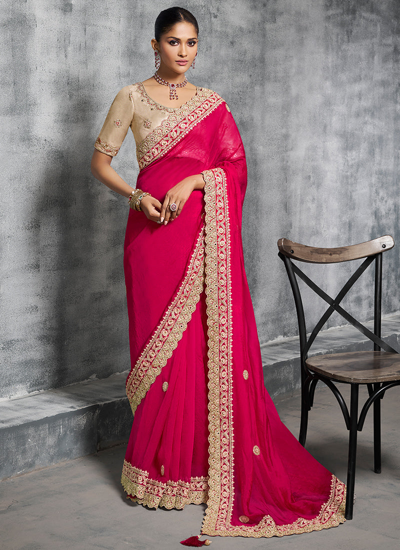Silk Magenta Saree with Embroidery Work for Wedding Wear 385011