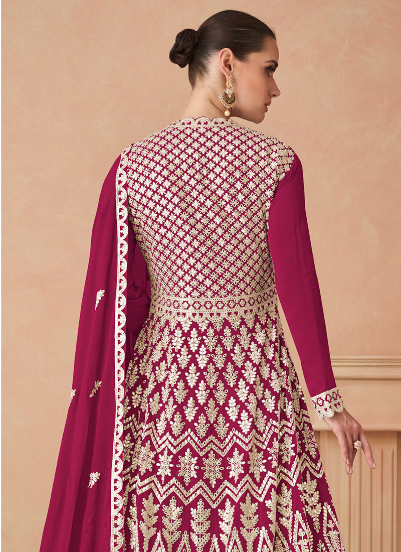 Georgette Magneta Wedding Wear Zari Work Readymade Anarkali Gown 386088