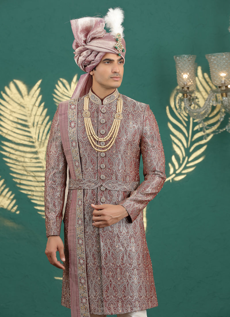 Banarasi Jacquard Maroon Wedding Wear Hand Embroidery Readymade Groom Sherwani 385997