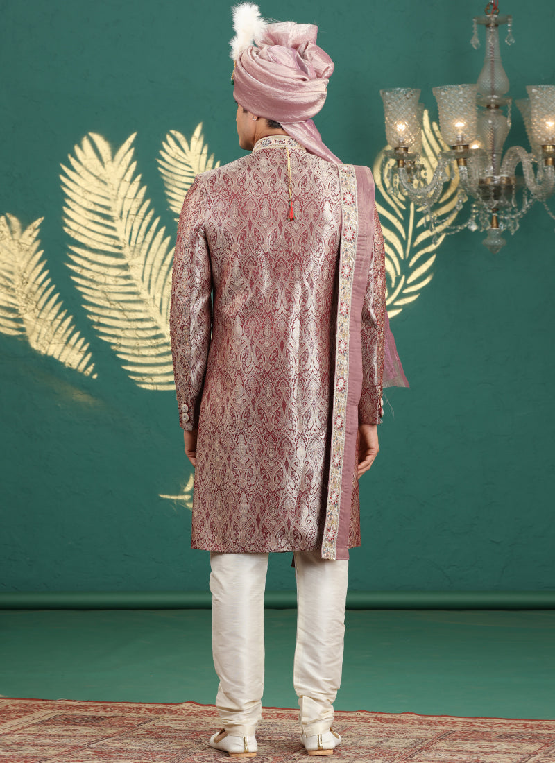 Banarasi Jacquard Maroon Wedding Wear Hand Embroidery Readymade Groom Sherwani 385997