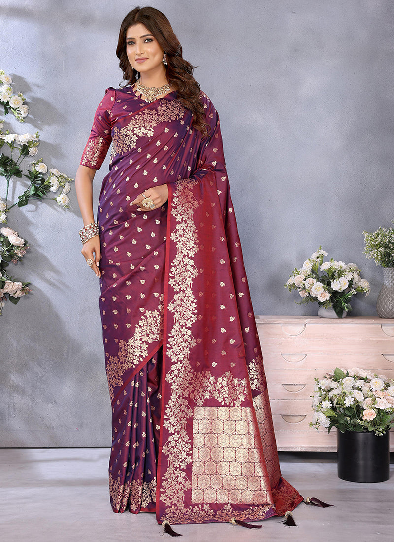 Banarasi Silk Maroon Saree with Zari Weaving Work for Wedding Wear 382935