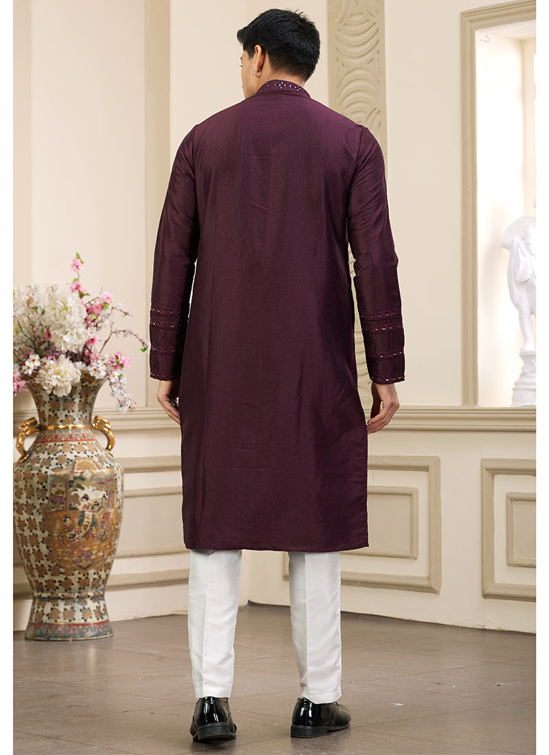 Stylish Maroon Banarasi Silk Kurta Pajama with Sequins Work