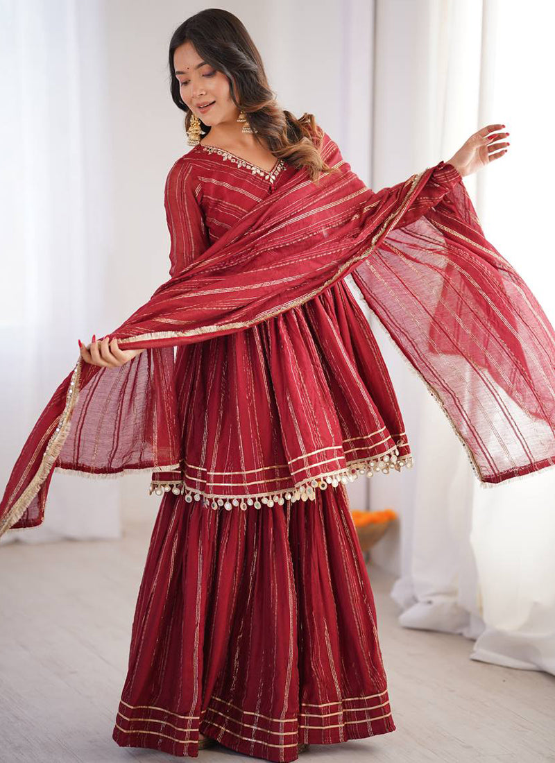Chanderi Maroon Festival Wear Sequins Work Readymade Sharara Suit 390691