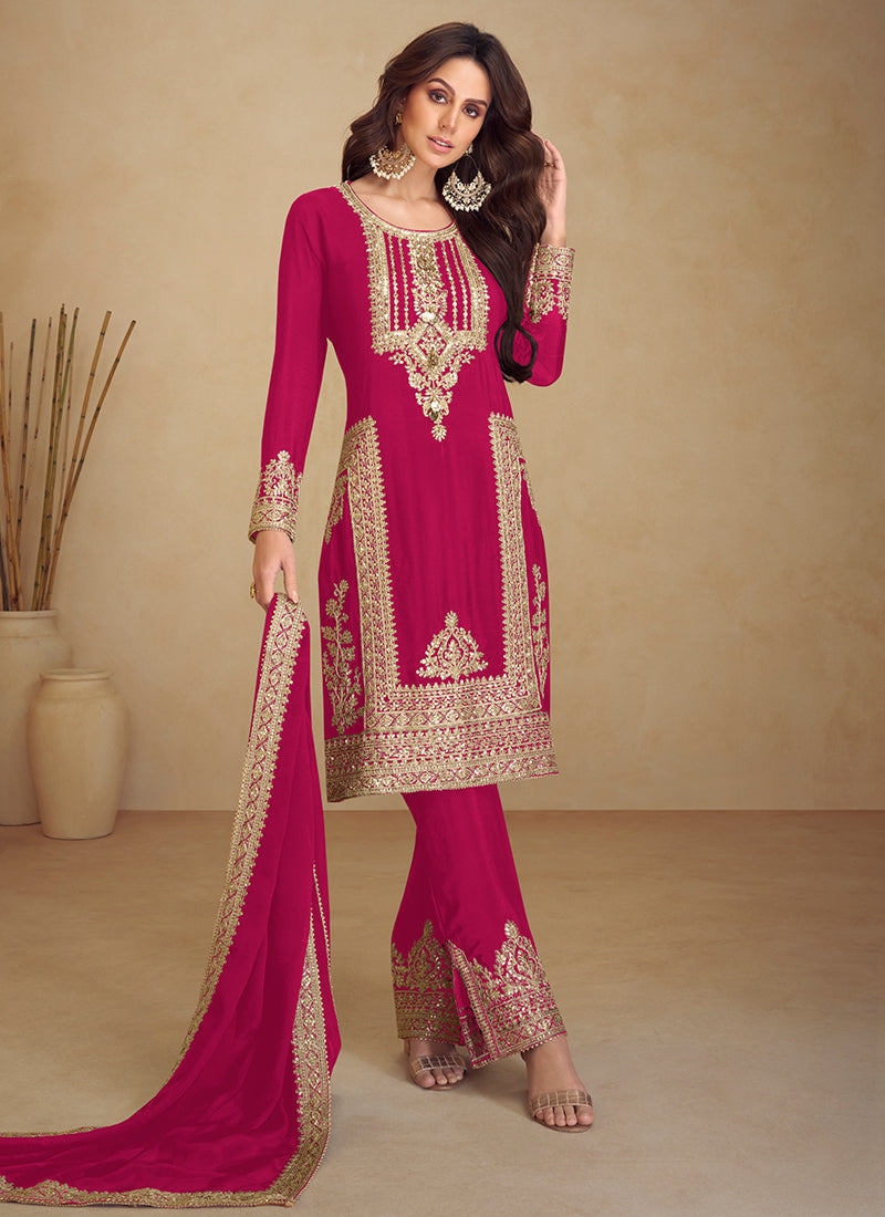 Chinon Maroon Festival Wear Embroidery Work Readymade Salwar Suit 385862