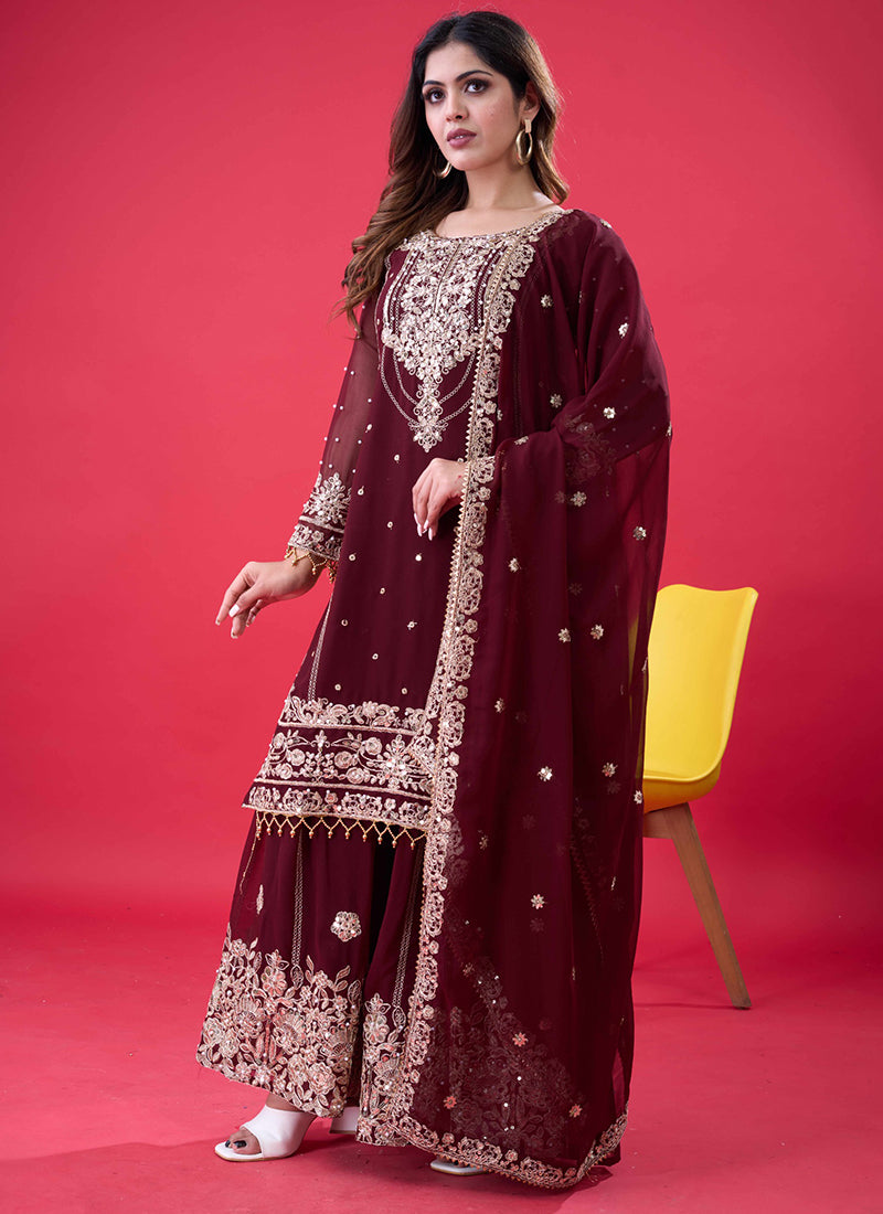 Faux Georgette Maroon Festival Wear Embroidery Work Readymade Sharara Suit 384993