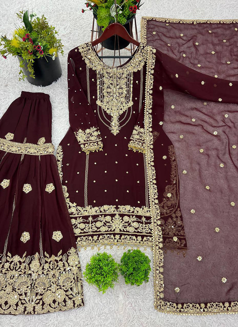 Faux Georgette Maroon Festival Wear Embroidery Work Readymade Sharara Suit 384993