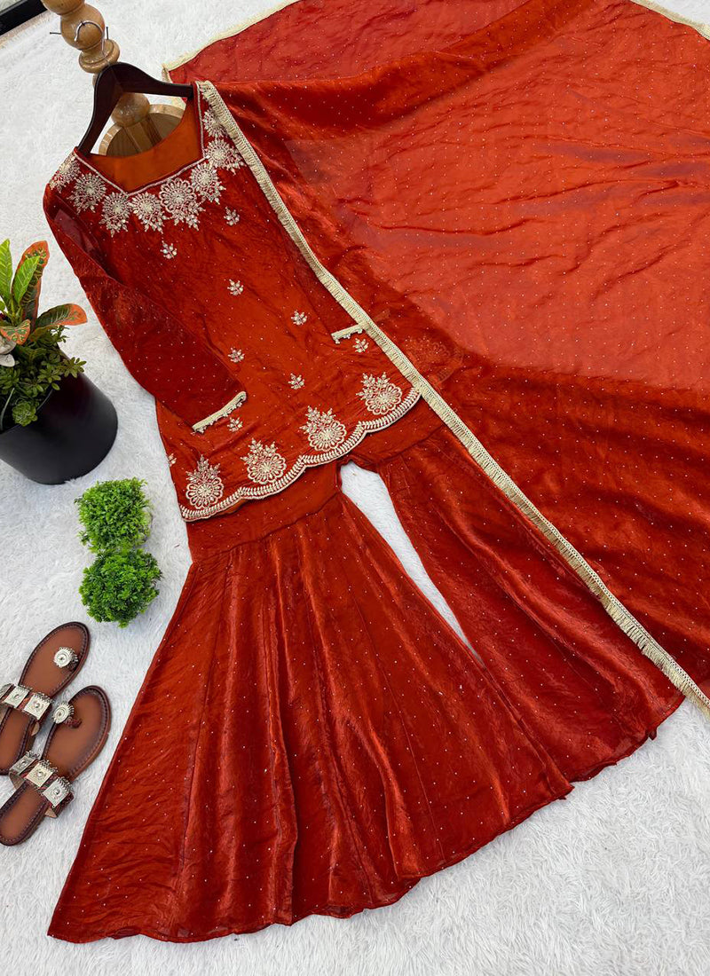 Maroon Fendy Silk Embroidery Work Occasional Wear Readymade Sharara Suit SW549842