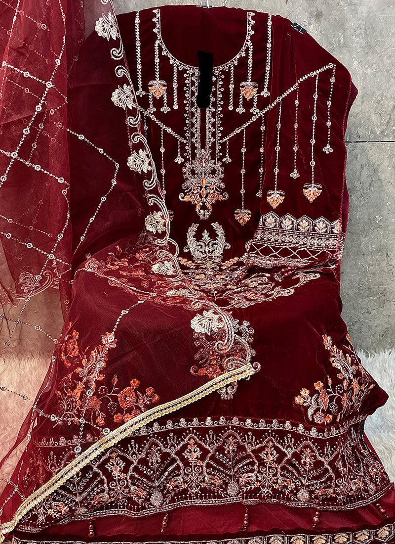 Heavy Velvet Maroon Eid Wear Heavy Work Pakistani Suit 387295