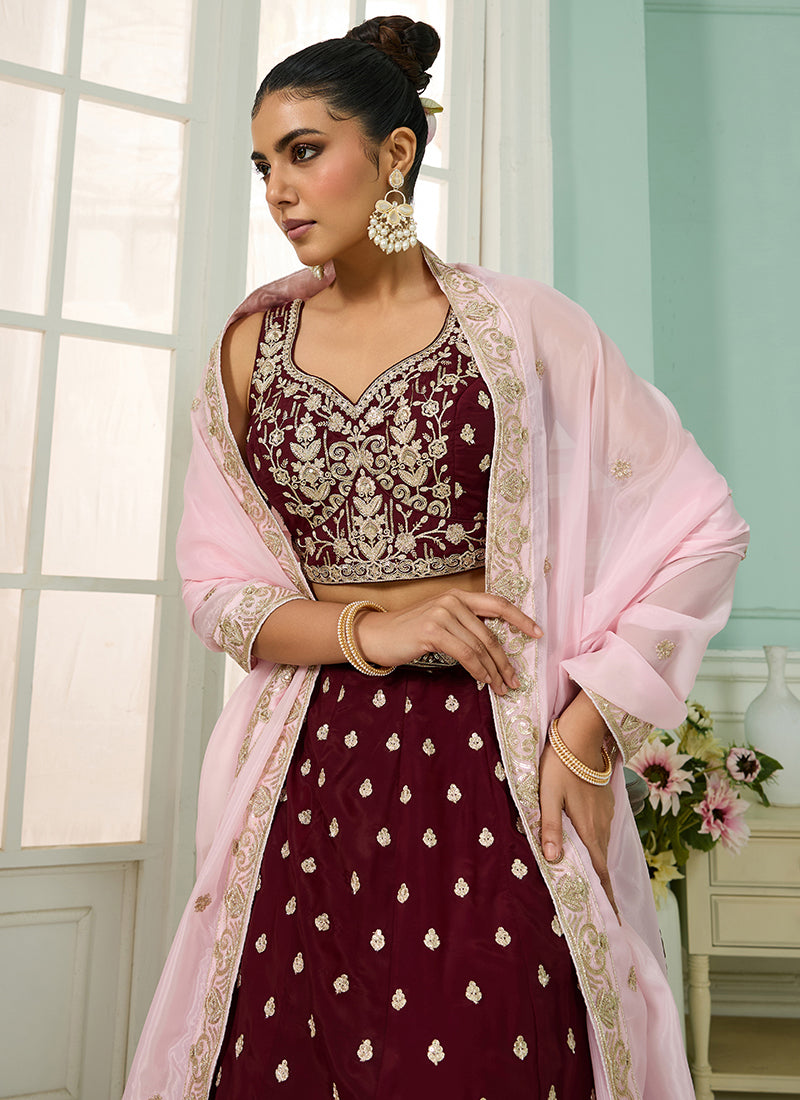 Organza Maroon Designer Wear Embroidery Work Lehenga Choli 385386
