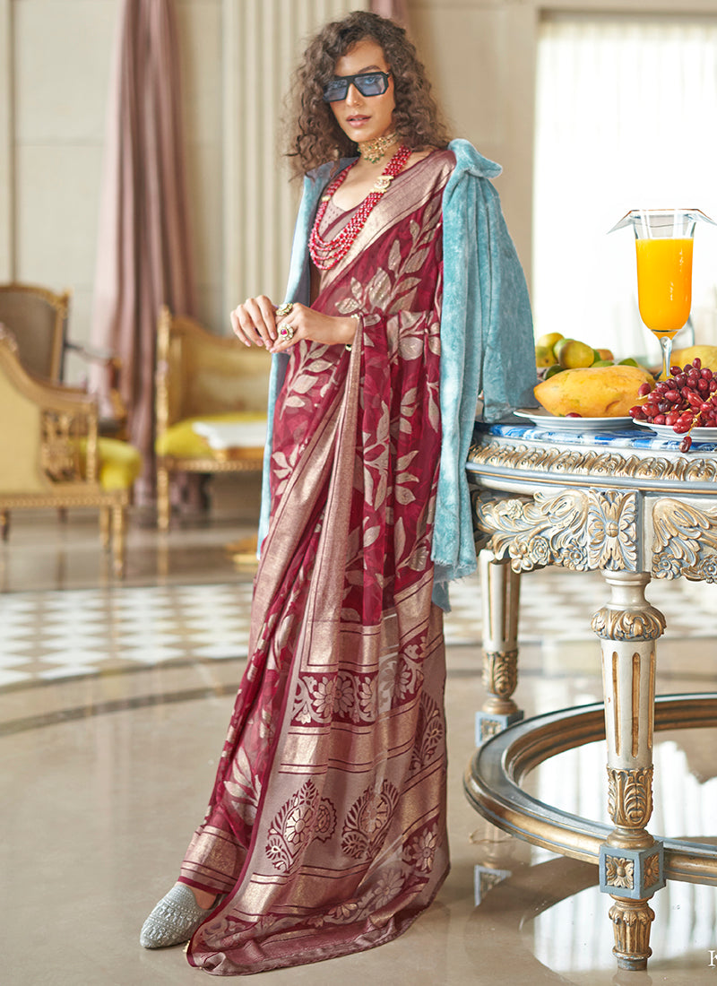 Pv Georgette Maroon Festival Wear Weaving Work Saree 385836