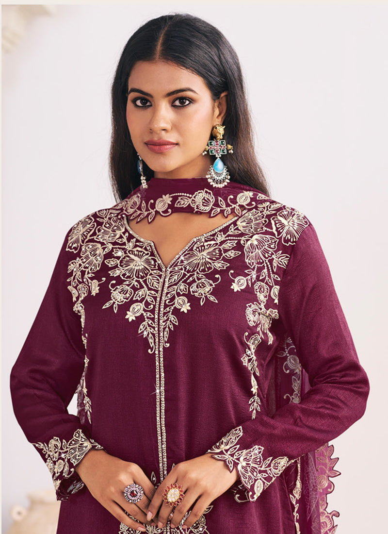 Silk Wine Wedding Wear Embroidery Work Readymade Plazzo Suit 385165