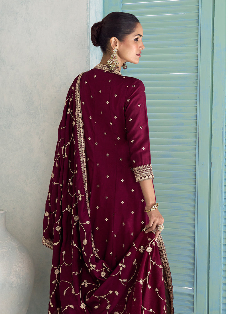 Silk Maroon Wedding Wear Embroidery Work Readymade Anarkali Suit 385174