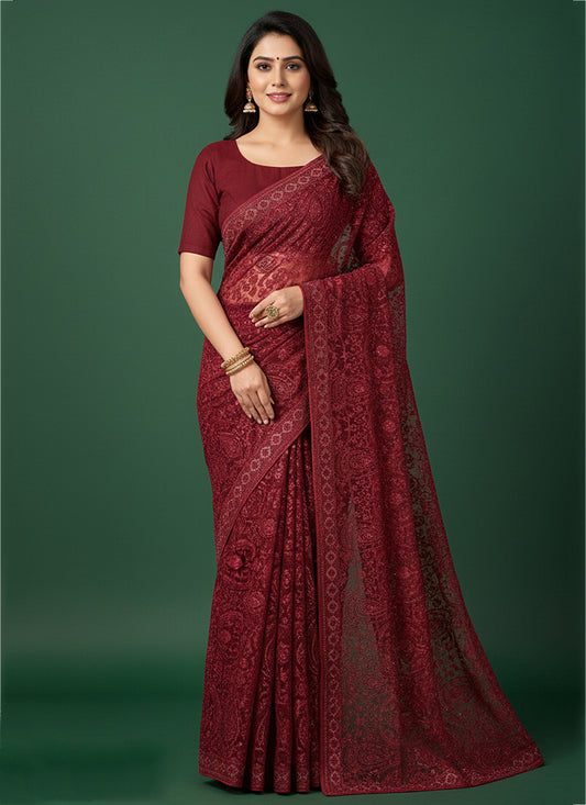 Tissue Silk Maroon Saree with Thread Embroidery Work for Wedding Wear 384477