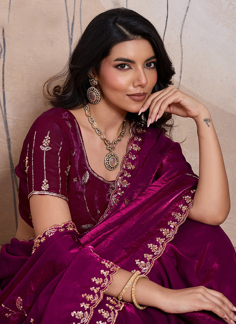Maroon Velvet Satin Beads Work Party Wear Saree SW759551