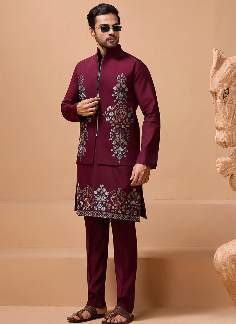 386665 Viscose Silk Maroon Festival Wear Sequin Embroidery Work Readymade Modi Jacket Kurta Pajama