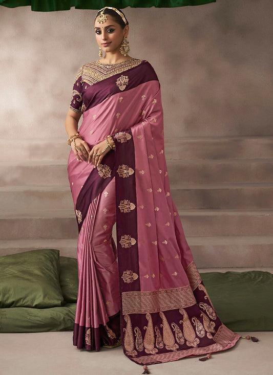 Satin Silk Mauve Saree with Zari Work for Wedding Wear 383510
