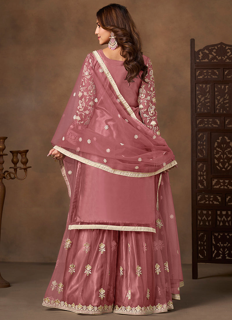 Mauve Satin With Net Embroidery Work Designer Wear Sharara Suit SW909671