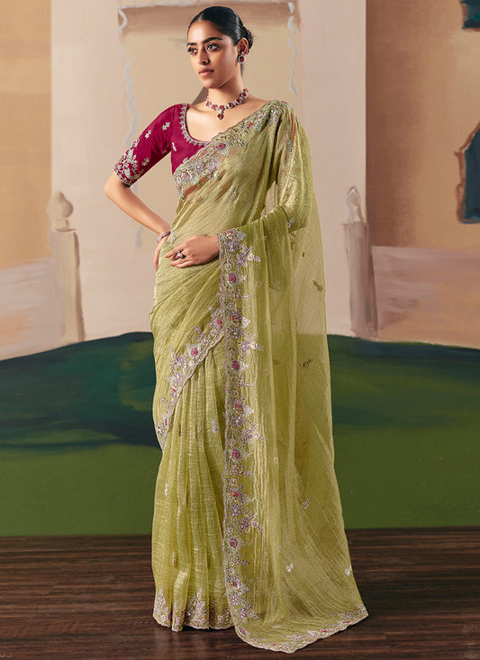 Fancy Fabric Mehendi Saree with Embroidery Work for Wedding Wear 384690