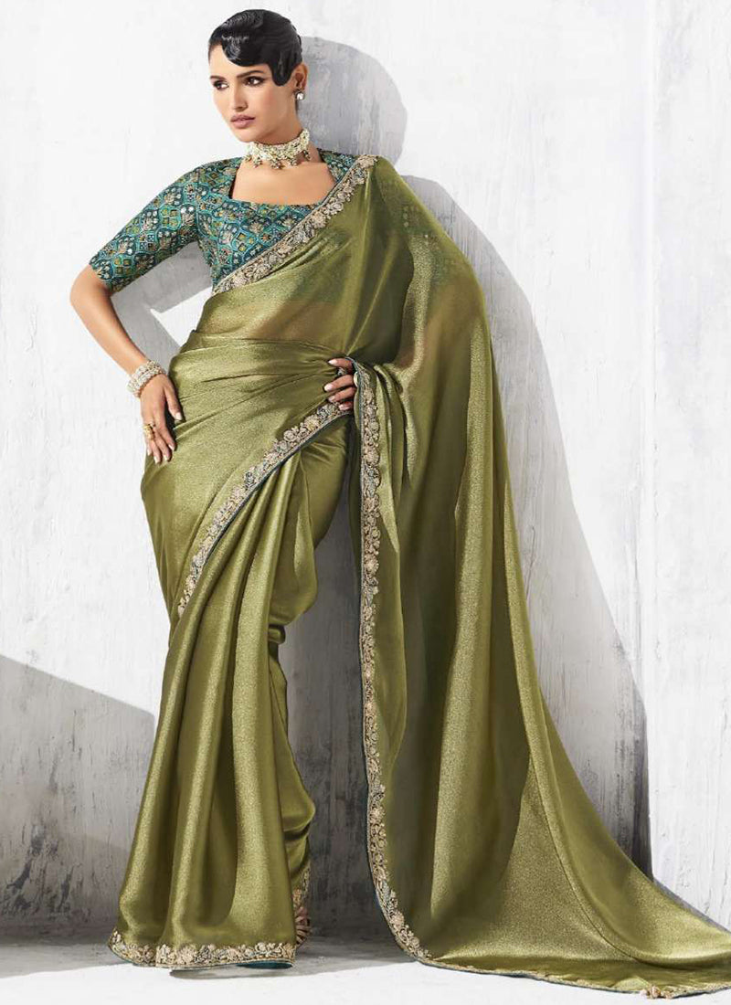Fancy Fabric Mehendi Designer Saree with Thread Embroidery Work for Party Wear 384468