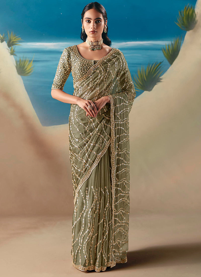 Fancy Mehendi Saree with Sequins Work for Wedding Wear 385414